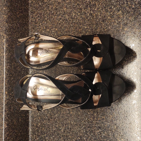 50%OFF!Qupid Sexy Platform High Heel Sandals Black Faux Suede On Wooden Heel - Picture 11 of 16